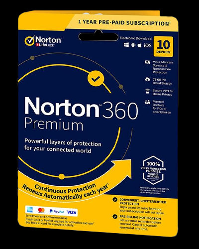 Norton 360 Premium + 75 GB spațiu de stocare în Cloud pentru 10 dispozitive 1 an EURO